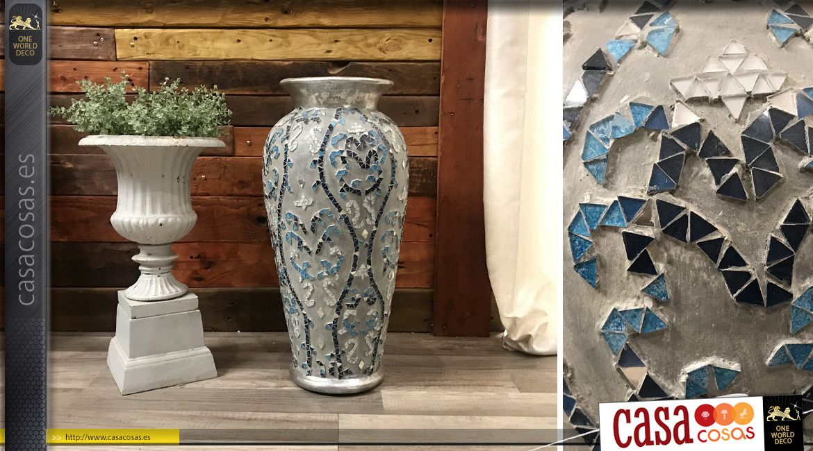 Jarrón grande para flores secas o guirnaldas, en terracota con mosaico de espejos tintados en azul, estilo chic, 60cm