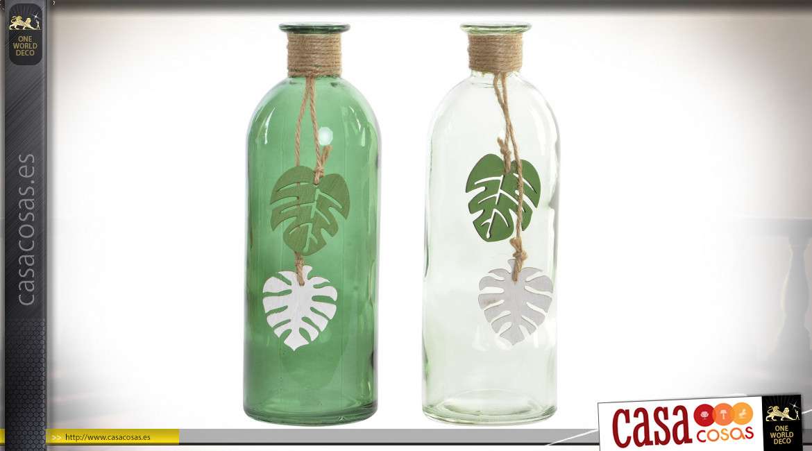 Juego de dos jarrones decorativos en vidrio translúcido y verde manzana, hojas deco de madera estilo jungla, 20cm