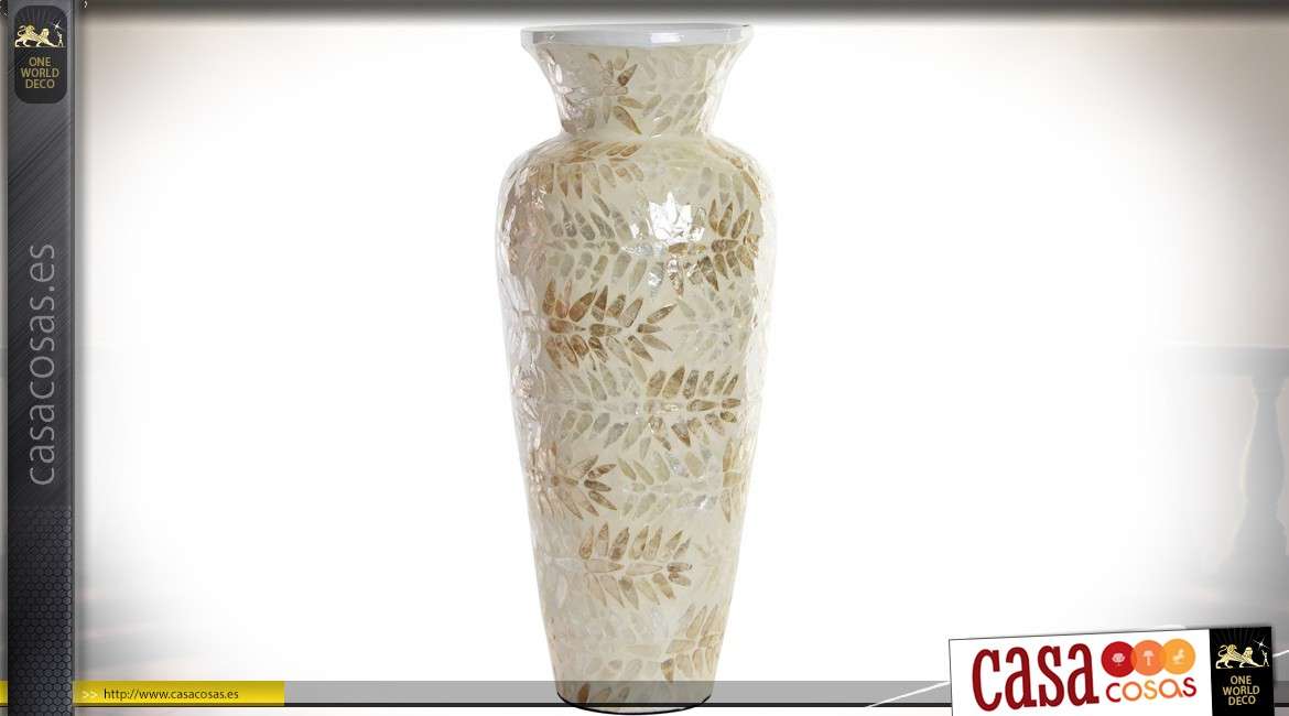 Jarrón alto de bambú lacado blanco que cubre hojas perladas, doradas y plateadas 50 cm