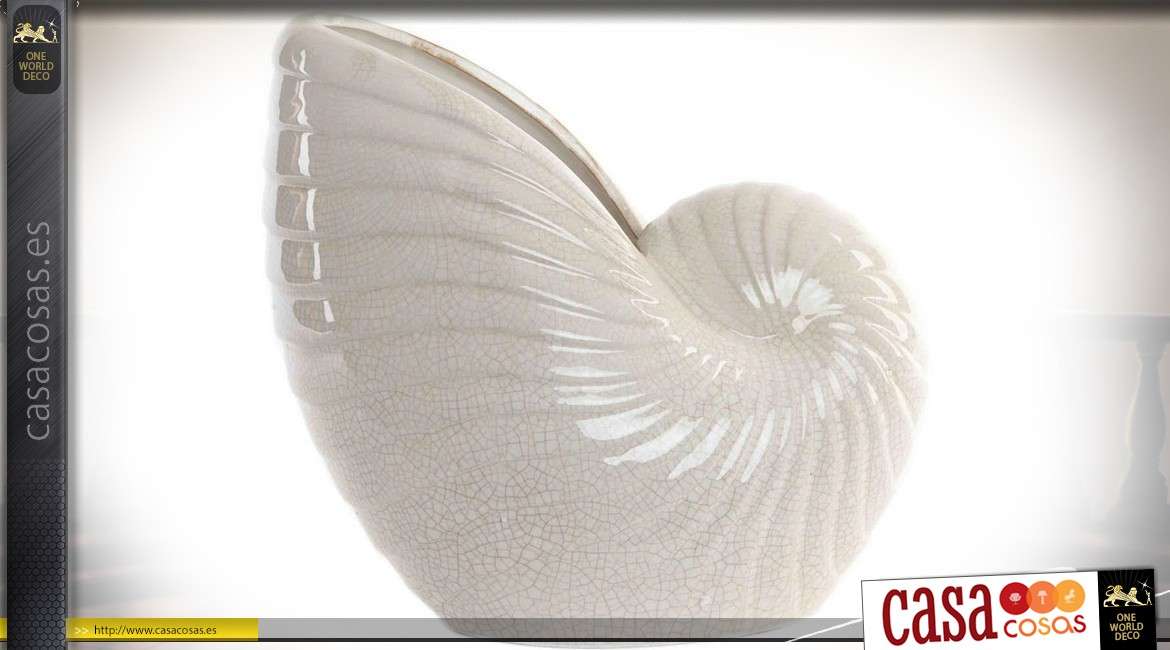 Jarrón de cerámica con forma de concha blanca grande, efecto craquelado 33 cm.