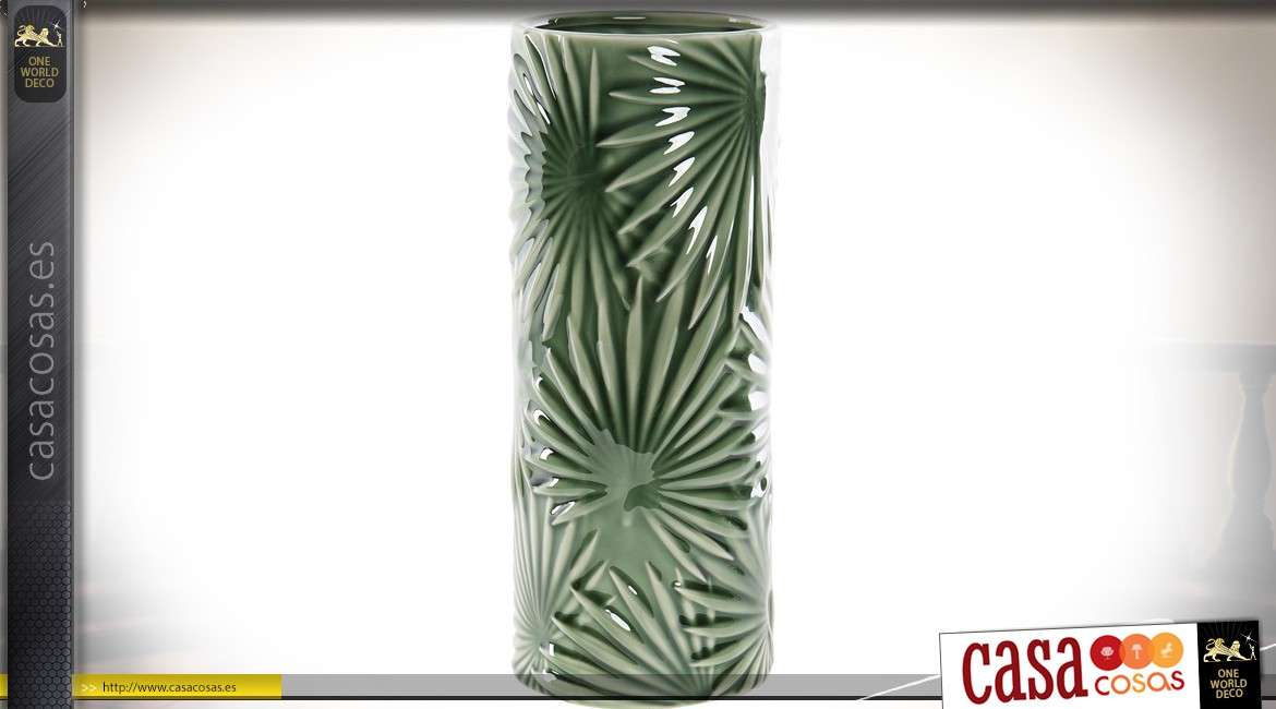 Jarrón cilíndrico de porcelana verde con hojas exóticas en relieve 27 cm