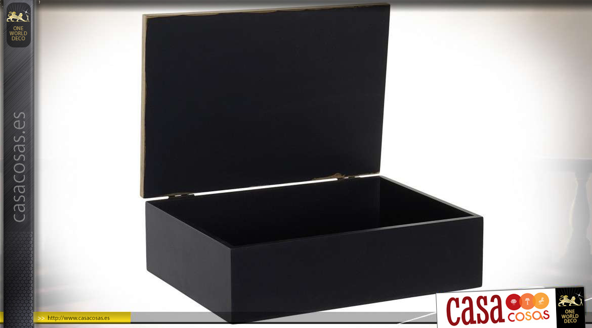 Caja de madera con acabado negro y natural, motivos geométricos en la tapa, 24cm