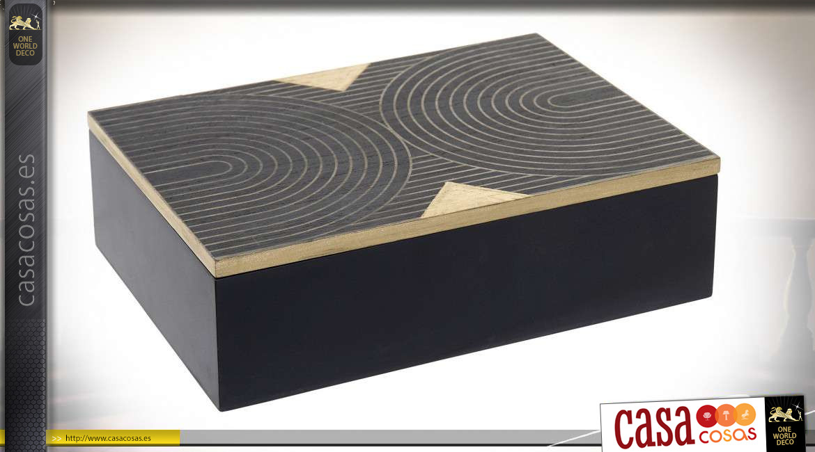 Caja de madera con acabado negro y natural, motivos geométricos en la tapa, 24cm
