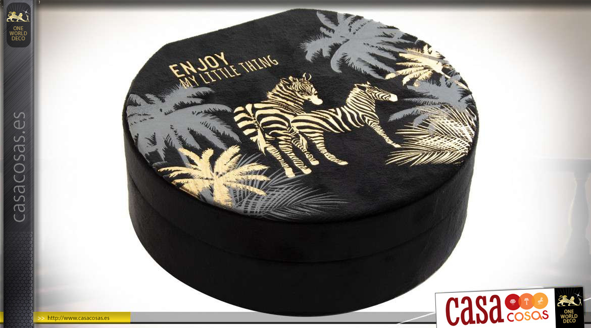 Joyero de madera y tapizado de terciopelo negro, estampados de cebras y palmeras doradas, ambiente chic, 21cm