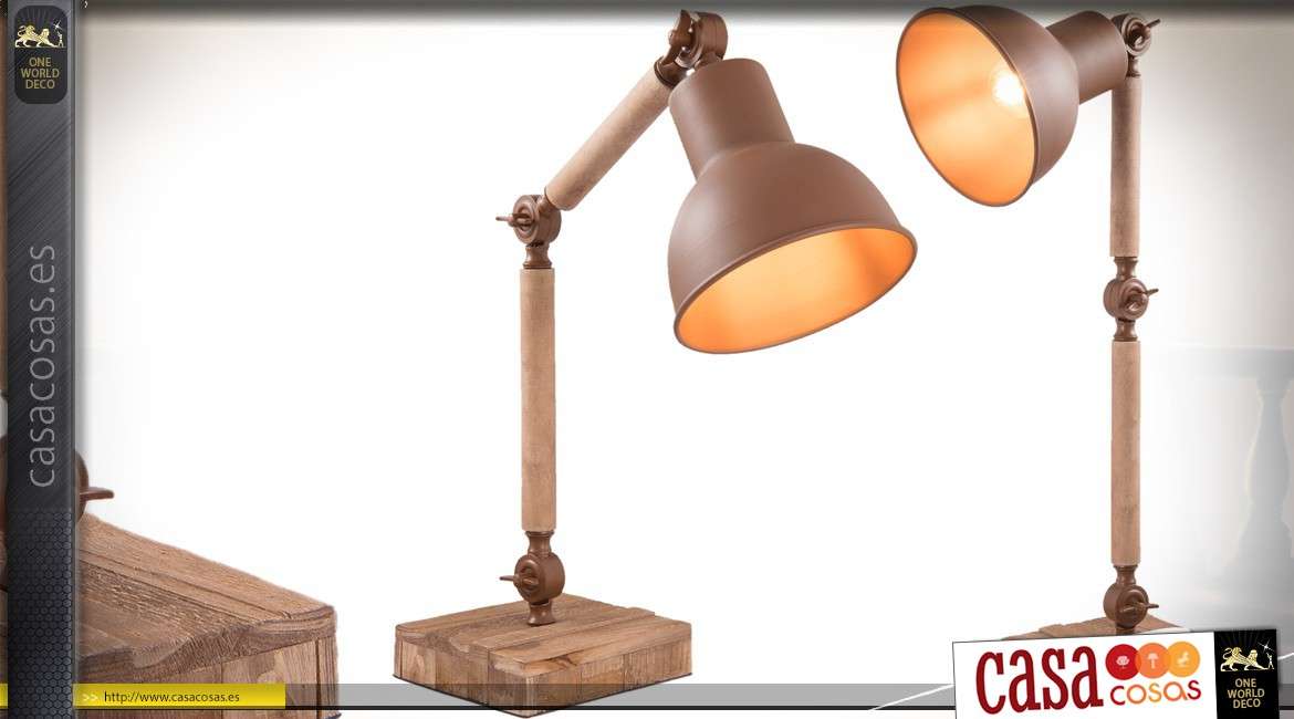Lámpara de escritorio retro articulada de madera y metal 45 cm.