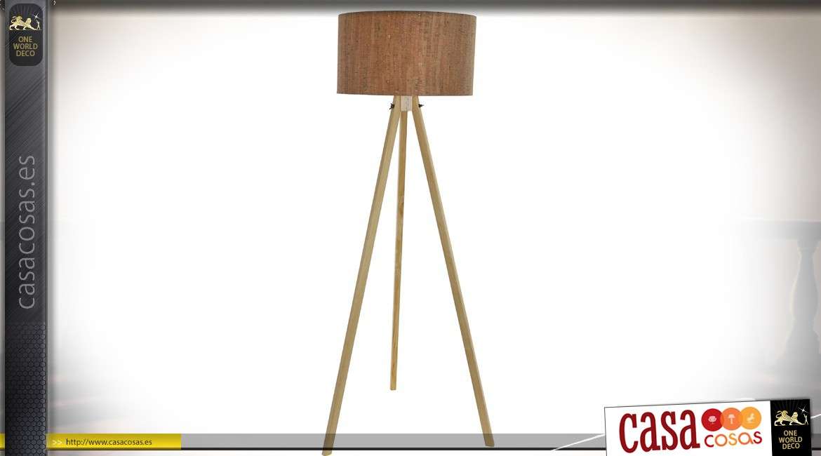 Lámpara de pie escandinava sobre trípode de madera con pantalla de corcho 148 cm