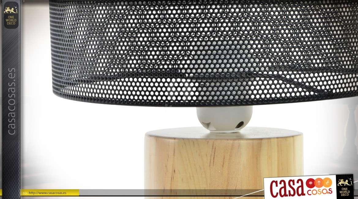 Lámpara de mesa cilíndrica en madera clara natural y metal gris oscuro 35,5 cm