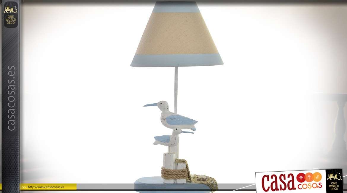 Pie de lámpara de mesa tallada en madera blanca y azul claro - patrón gaviotas 50 cm