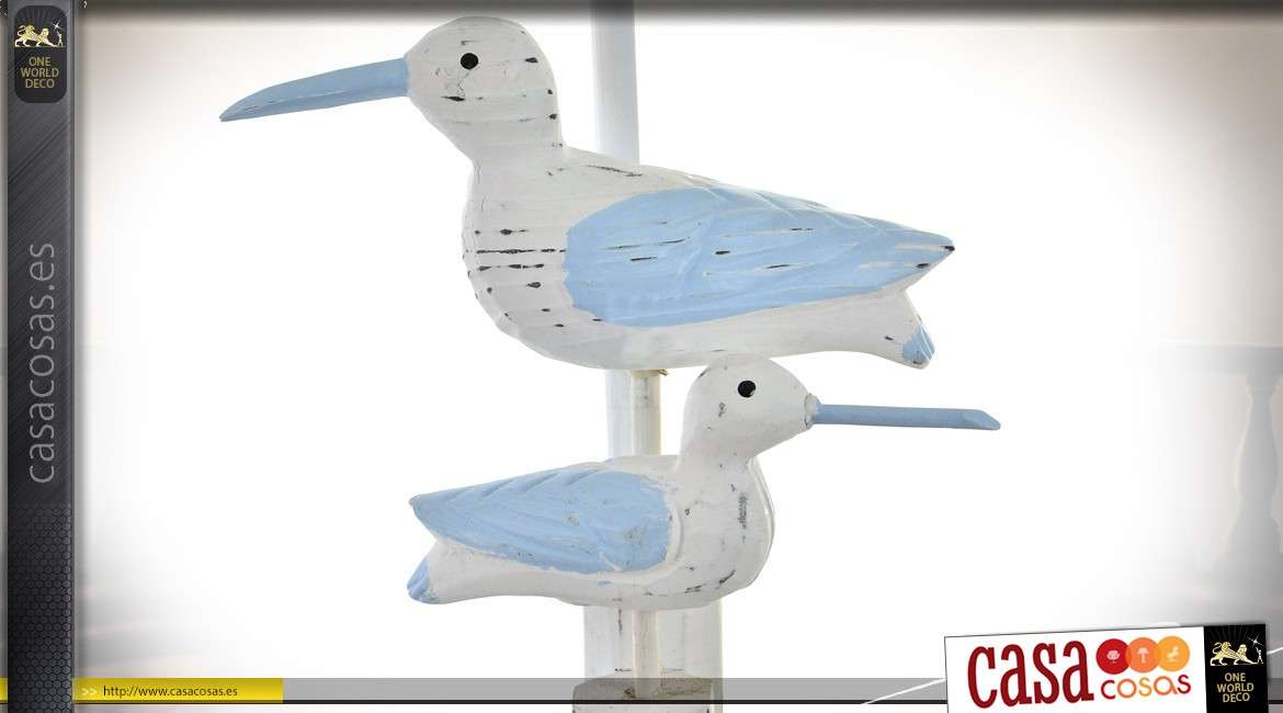 Pie de lámpara de mesa tallada en madera blanca y azul claro - patrón gaviotas 50 cm