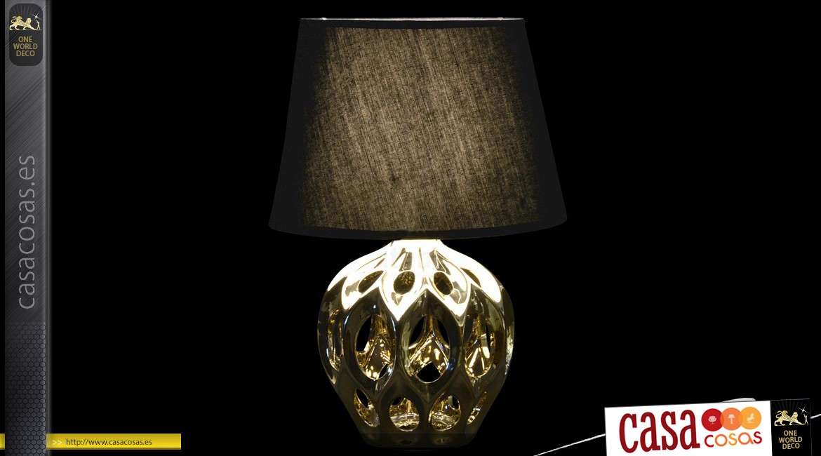 Lámpara de salón de diseño negro y dorado con pie en estructura calada 43 cm