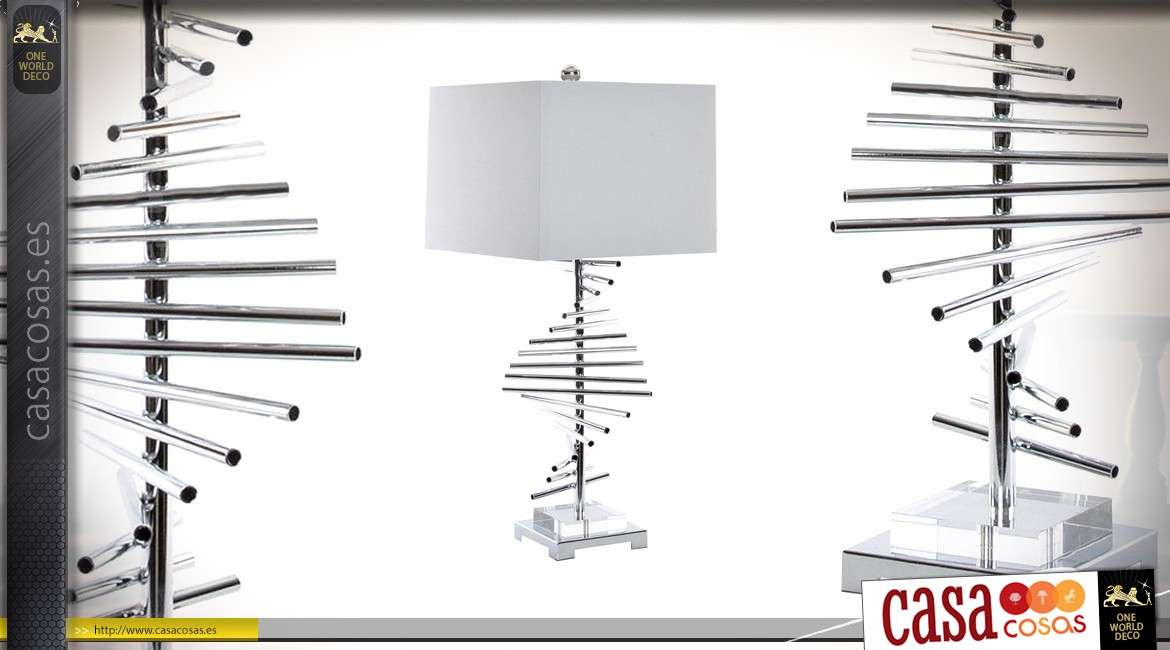 Lámpara de mesa de diseño Colección Precious Lamps de metal cromado y pantalla de lino