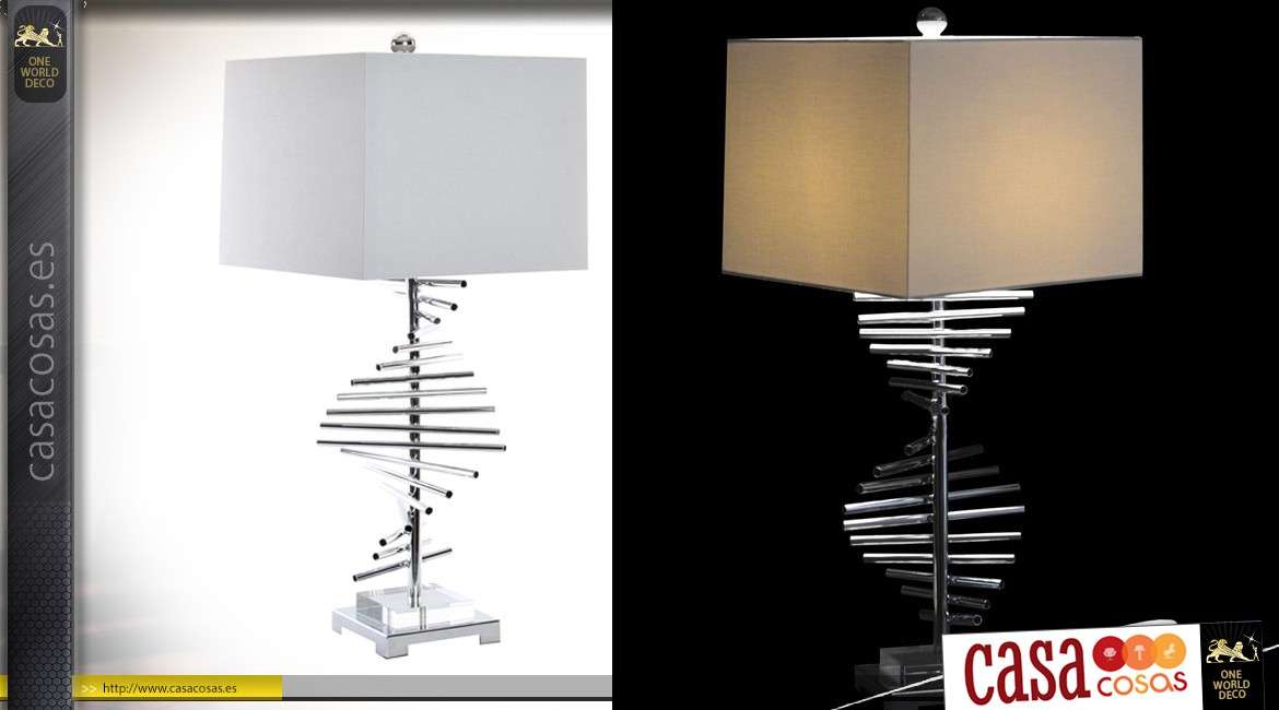 Lámpara de mesa de diseño Colección Precious Lamps de metal cromado y pantalla de lino