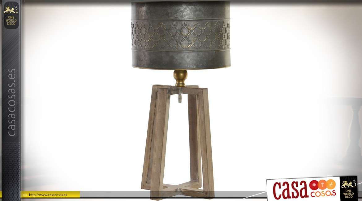 Lámpara indus de madera y metal con pantalla cilíndrica de zinc envejecido 58 cm.