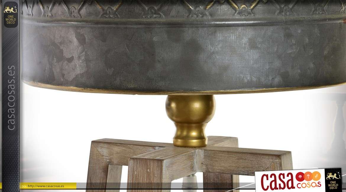 Lámpara indus de madera y metal con pantalla cilíndrica de zinc envejecido 58 cm.
