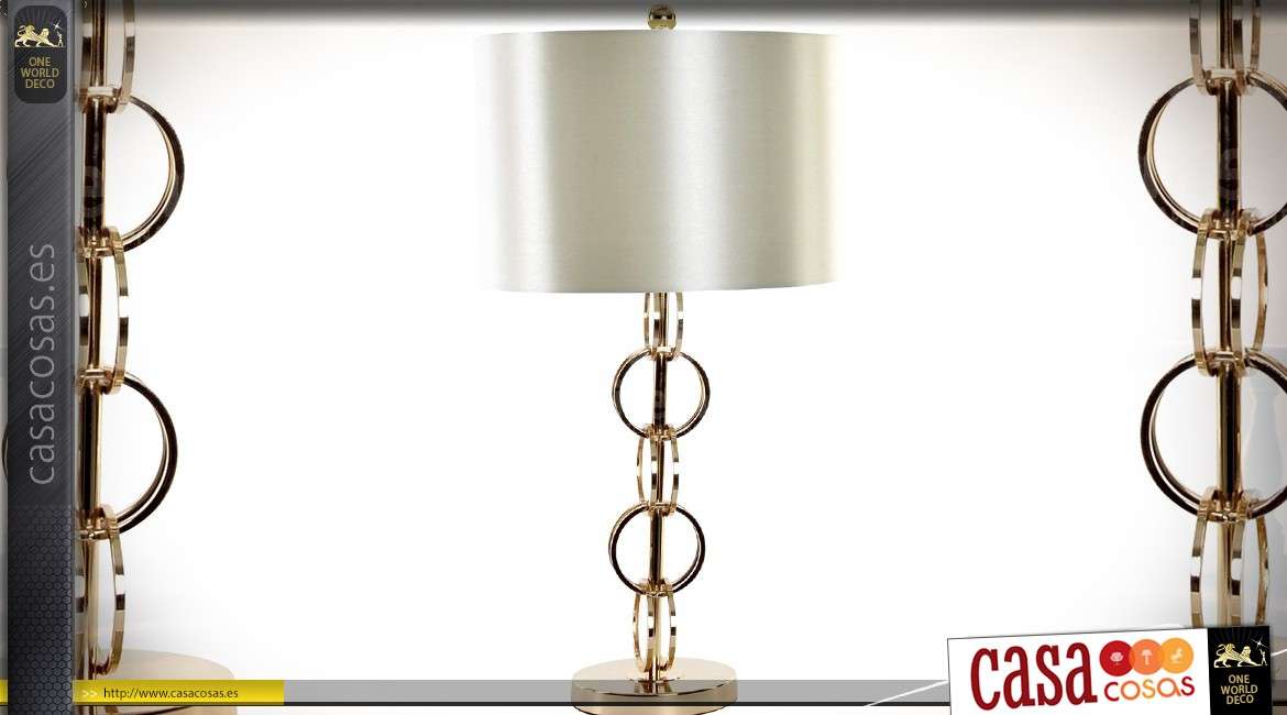 Lámpara de metal dorado y pantalla cilíndrica con satén blanco 73 cm