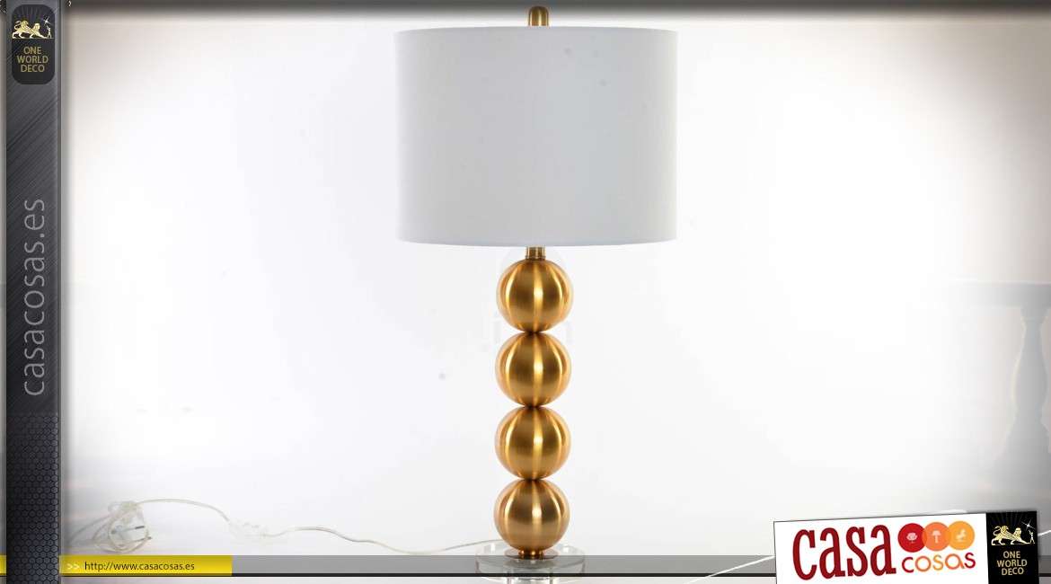Pie de lámpara de diseño en forma de esferas doradas y pantalla cilíndrica blanca 73,5 cm