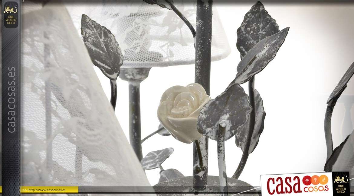 Chandelier 5 brazos sombra de follaje de metal con cortinas blancas florales Ø 56 cm