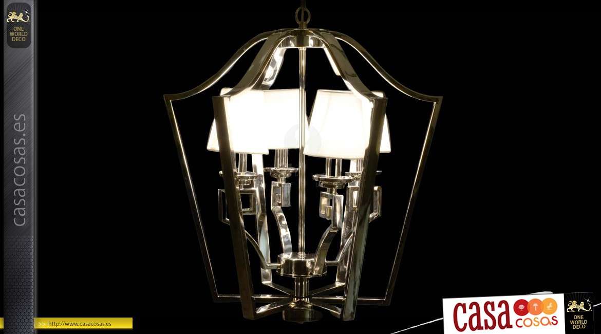 Candelabro de diseño con forma de jaula, linterna cromada 4 puntos de luz 65 cm