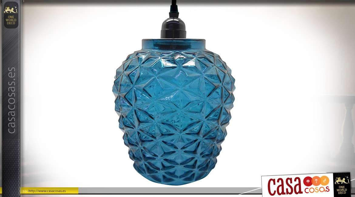 Colgante de cristal tintado azul con motivos geométricos grabados 29 cm