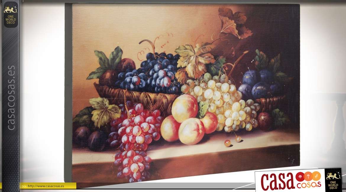 Cuadro mural sobre madera : frutas y uvas 30 cm.