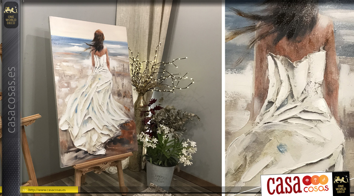 Cuadro grande en madera y lienzo con representación de silueta femenina y playa con vestido blanco, 120cm