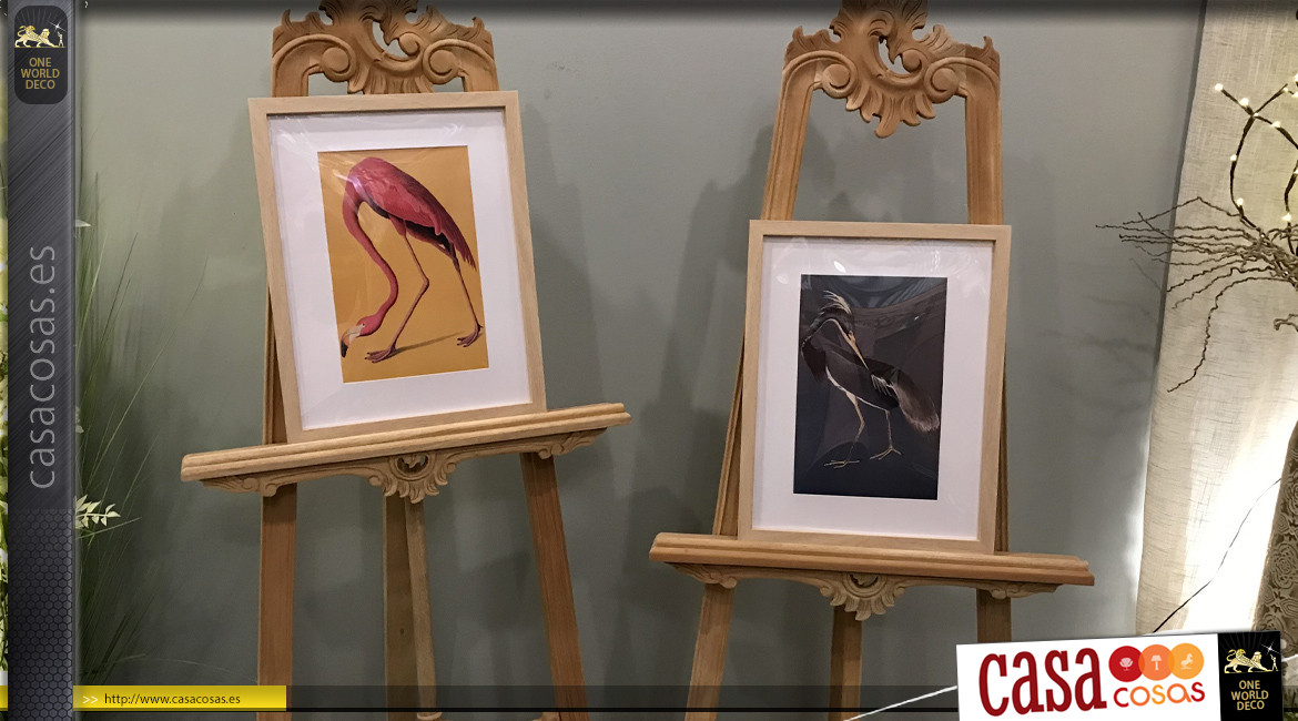 Serie de 2 cuadros de madera con estampados de pájaros exóticos, modelo marco madera clara, 45cm