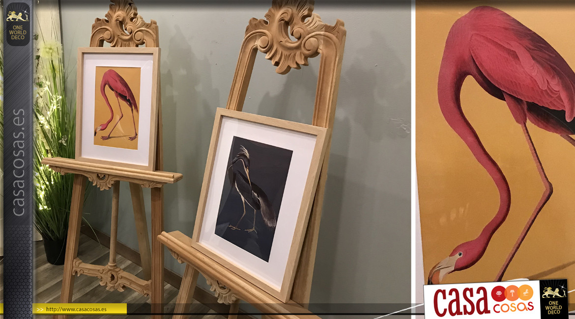 Serie de 2 cuadros de madera con estampados de pájaros exóticos, modelo marco madera clara, 45cm