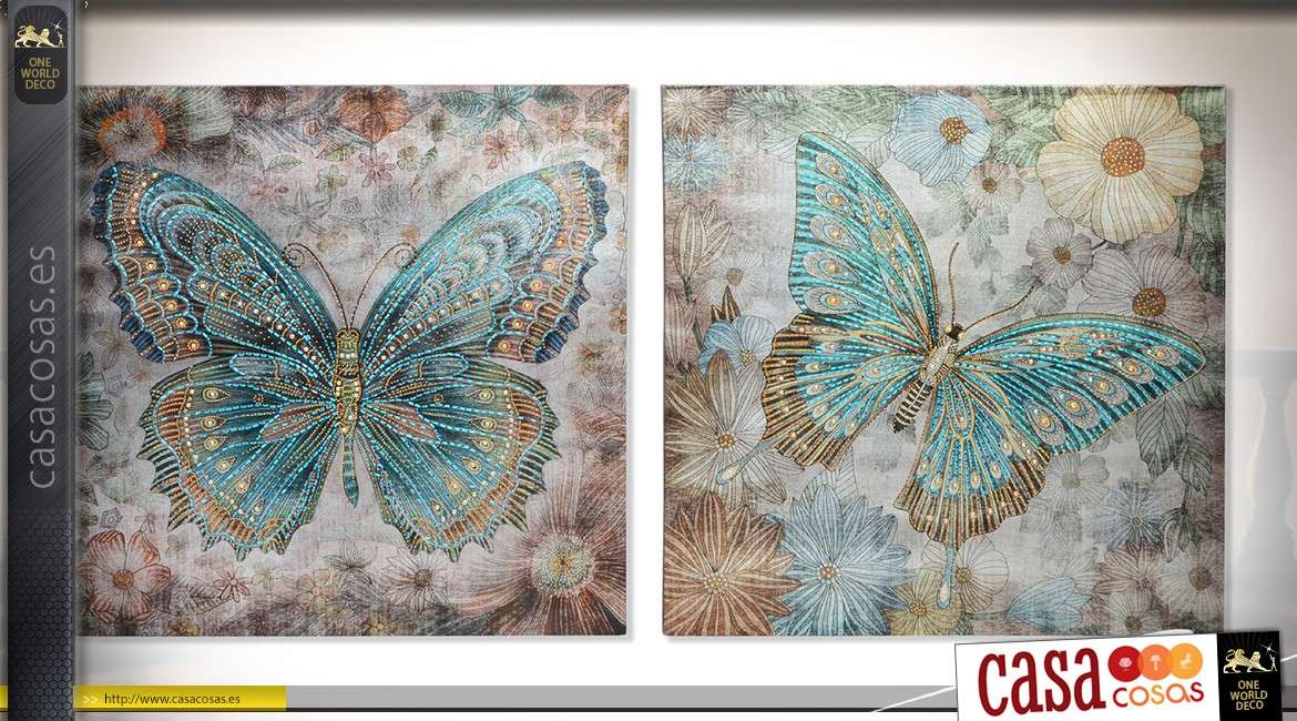 Conjunto de 2 pinturas sobre lienzo, mariposas en cuentas acrílicas color turquesa
