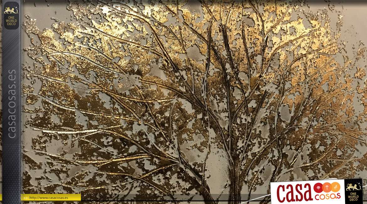 Cuadro grande pintado a mano de un árbol dorado con relieve, reflejos y sombras brillantes 100x100