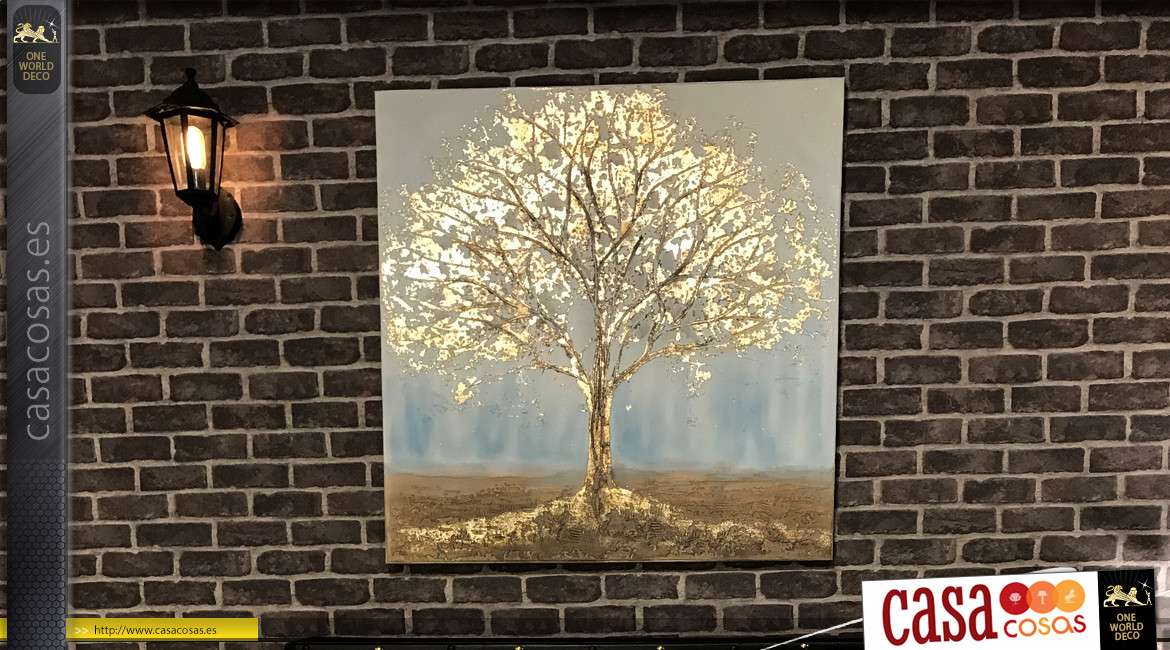 Cuadro grande pintado a mano de un árbol dorado con relieve, reflejos y sombras brillantes 100x100