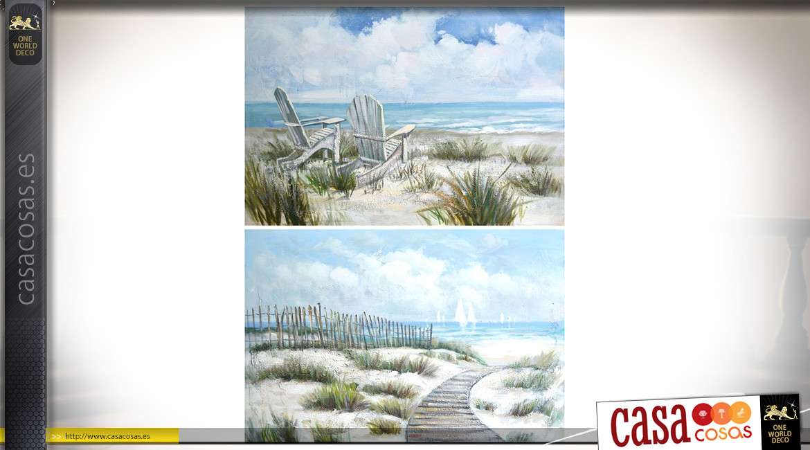 Dúo de grandes cuadros pintados a mano sobre lienzo, dunas y orilla del mar 90 x 60 cm.