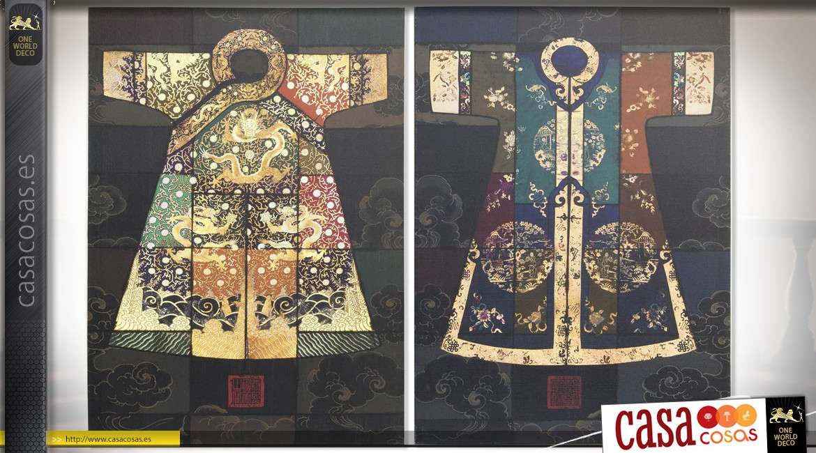 Dúo de pinturas sobre lienzo representación artística de kimonos orientales 70 cm