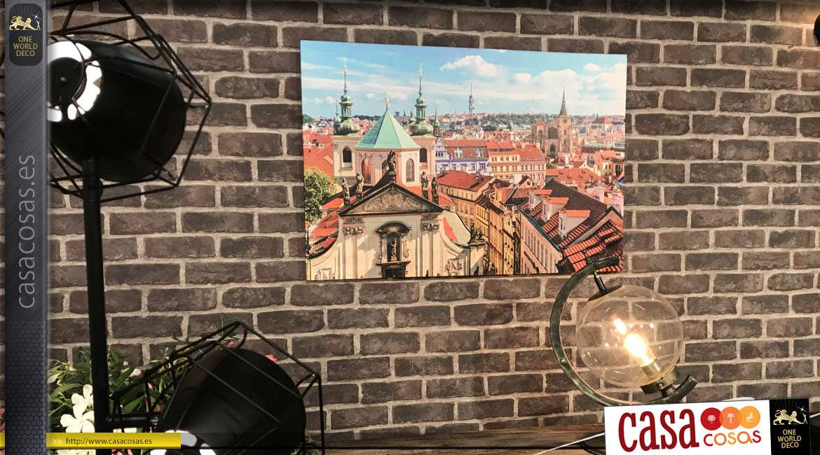 Gran lienzo de 90 x 60 en un marco de madera: vista del horizonte de Praga