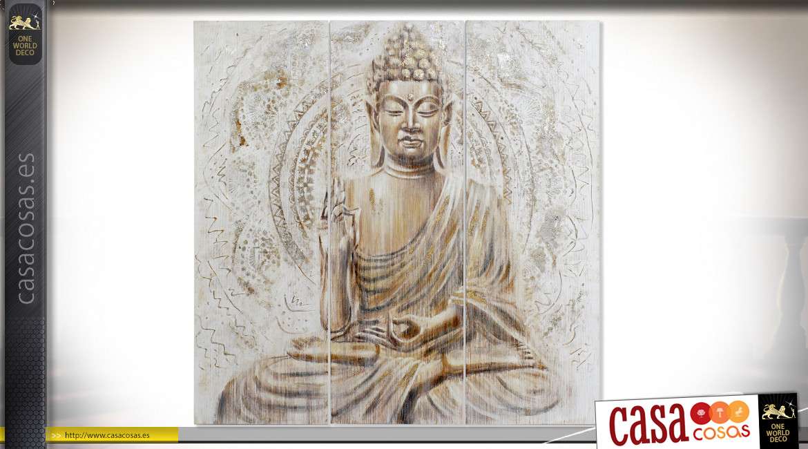 Gran tríptico en madera y lienzo que representa a Buda en meditación, colores suaves y cálidos, 120cm en tres partes