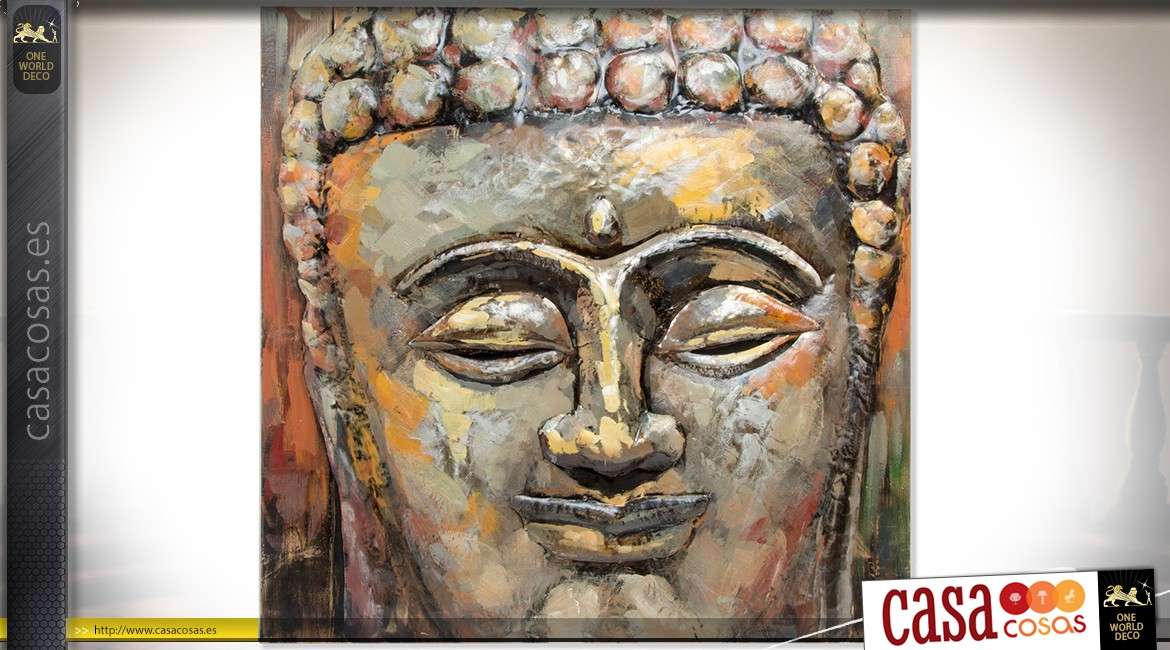 Pintura de madera y metal pintado a mano: cabeza de Buda 80 x 80 (relieve: 77 cm)
