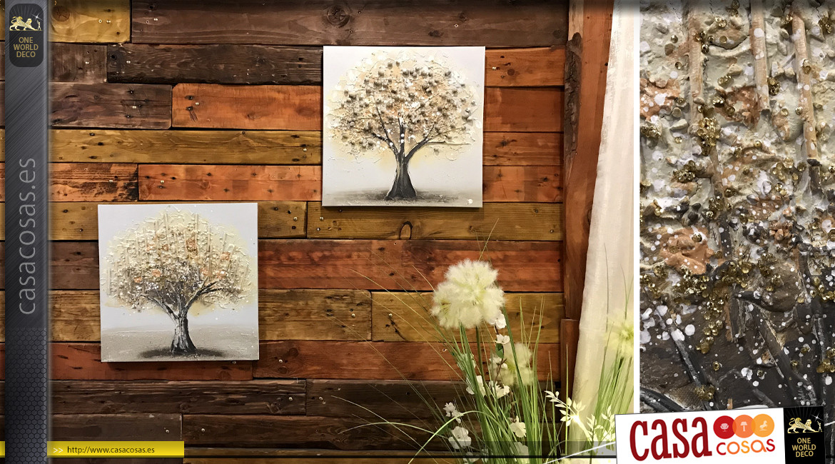Serie de 2 cuadros cuadrados en madera y lienzo, representaciones de árboles en relieve, 40cm