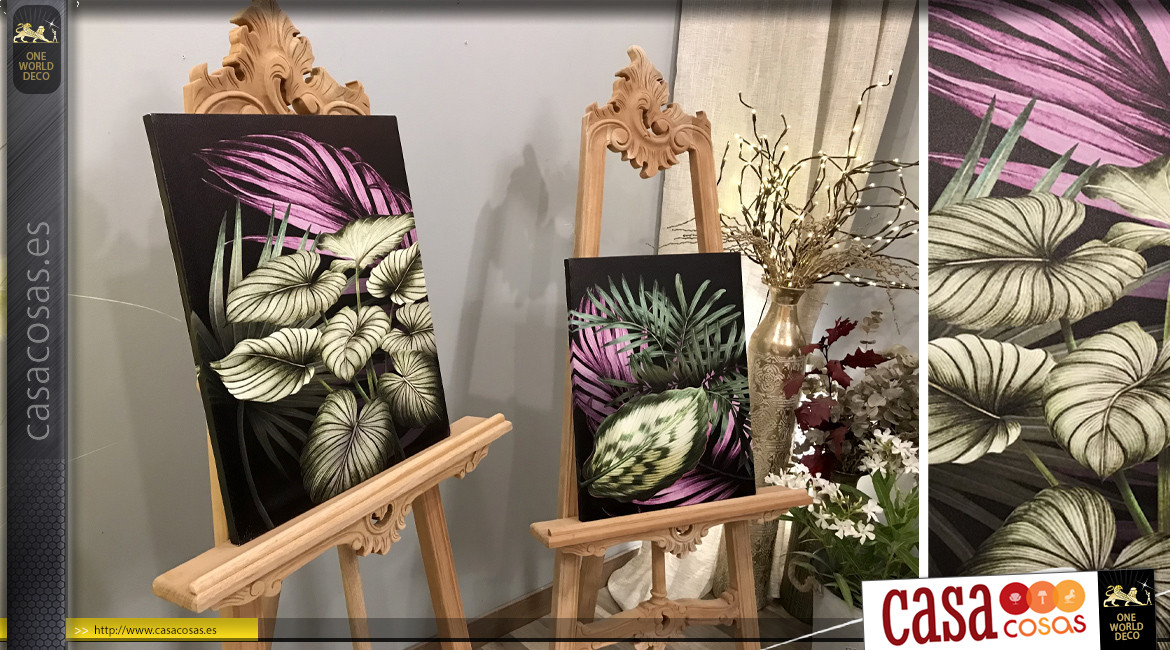 Serie de 2 cuadros en madera y lienzo con motivos de hojas y plantas, 50cm