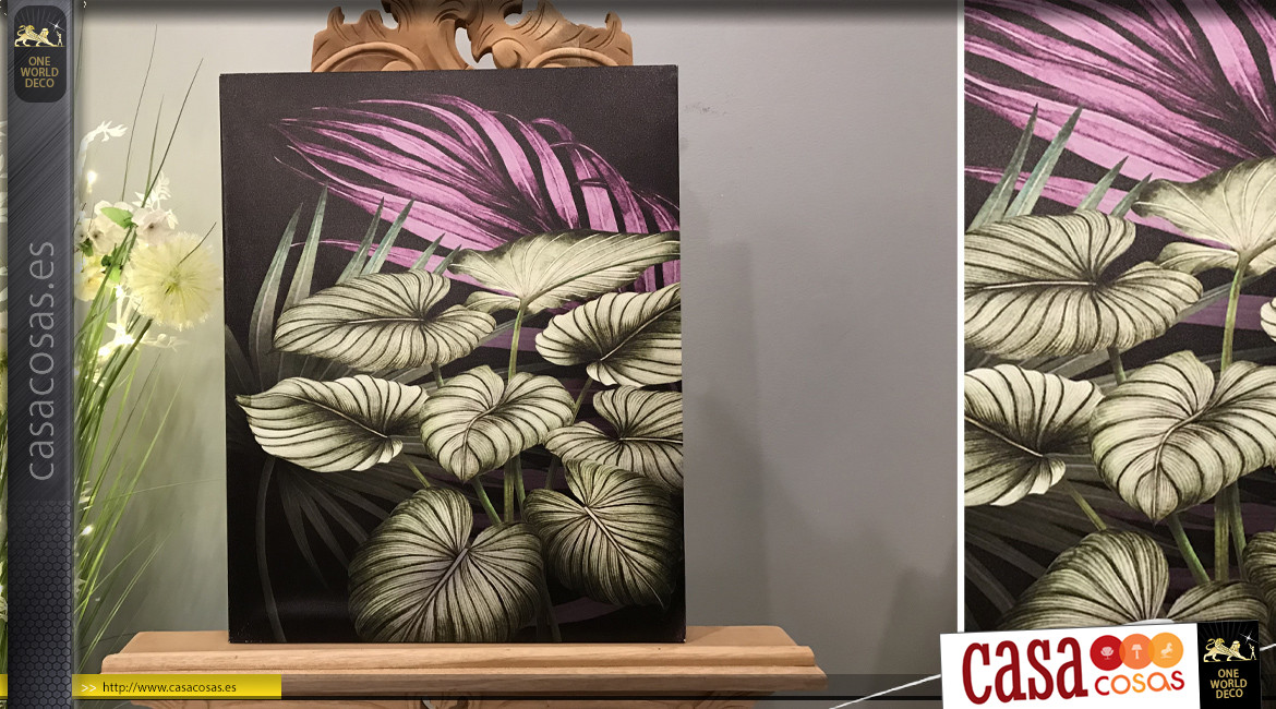 Serie de 2 cuadros en madera y lienzo con motivos de hojas y plantas, 50cm