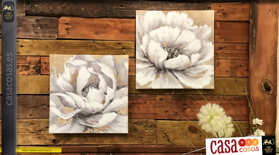 Serie de 2 lienzos cuadrados con estampados florales, ambiente romántico, 40cm.