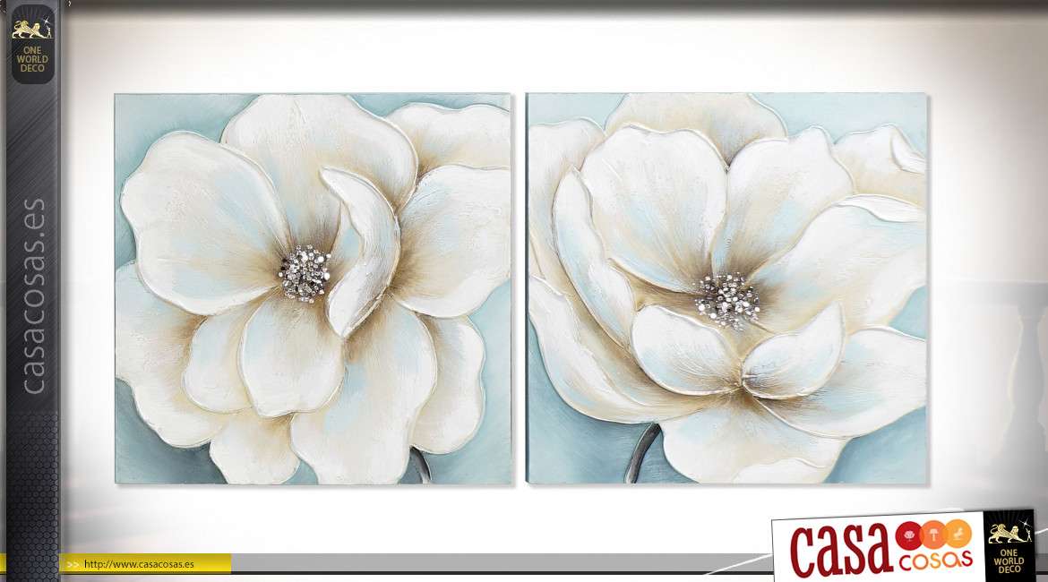 Serie de dos cuadros sobre lienzo que representan 2 grandes flores modernas,  acabados en azul claro
