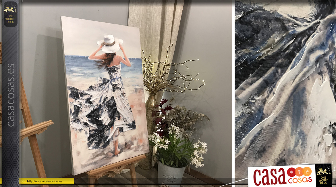 Serie de dos grandes lienzos pintados, representación de silueta femenina y playas, 120cm.