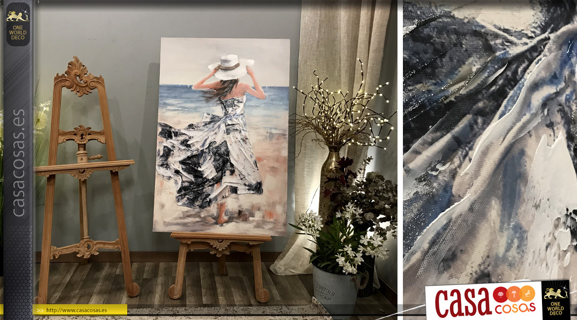 Serie de dos grandes lienzos pintados, representación de silueta femenina y playas, 120cm.