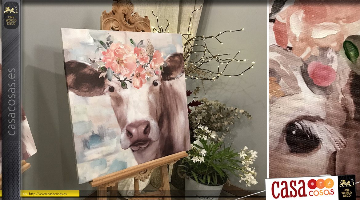 Serie de dos lienzos que representan 2 vacas coronadas de flores, ambiente de Saboya, 70x70cm