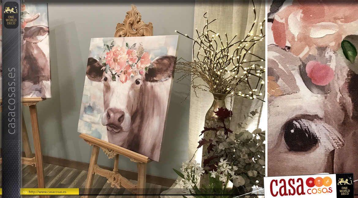 Serie de dos lienzos que representan 2 vacas coronadas de flores, ambiente de Saboya, 70x70cm