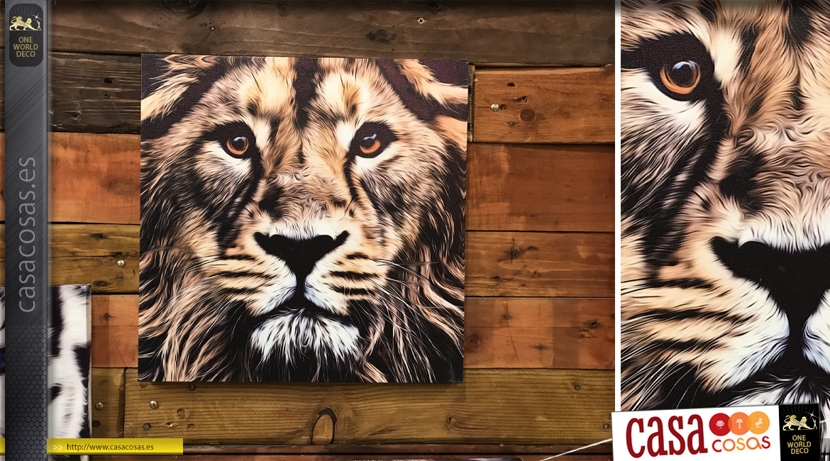 Serie de tres cuadros en marco de madera: lobo, león y tigre blanco 40 x 40 cm