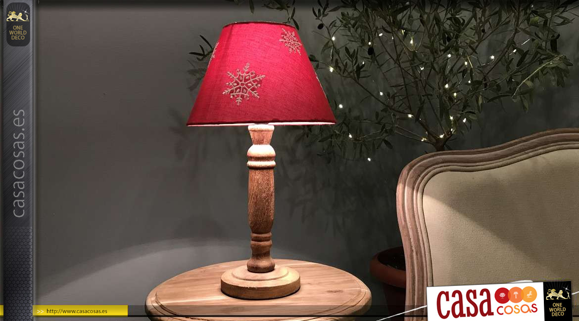 Lámpara de mesita de madera con pantalla roja, estilo alpino