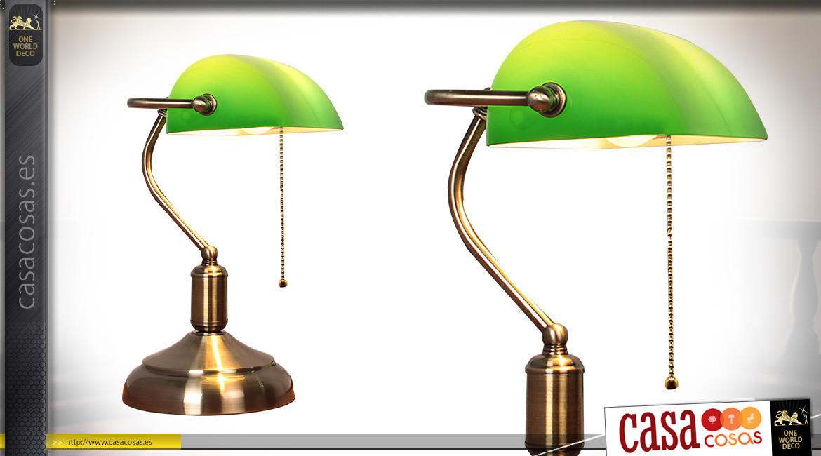 Lámpara de banquero de metal con opalina verde, estilo lámpara americana, 38cm