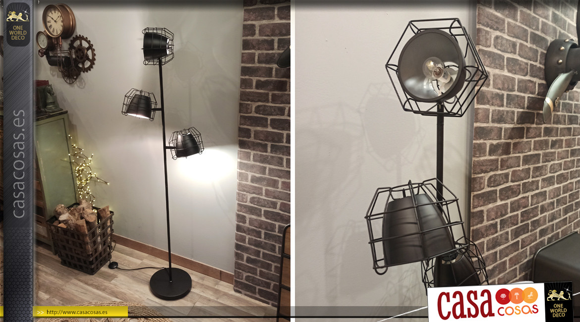 Lámpara de pie de estilo industrial con 3 focos, color negro 1,60 metros