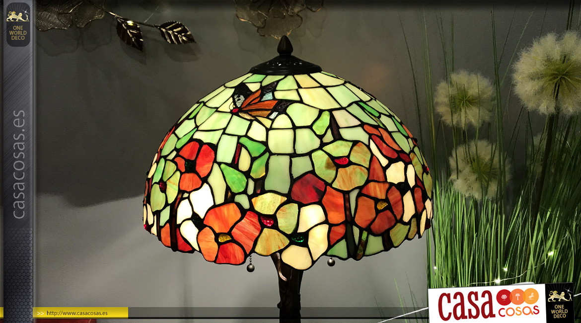 Lámpara de mesa Tiffany, representación de un campo de amapolas y mariposas, ambiente de campo vintage, Ø40cm