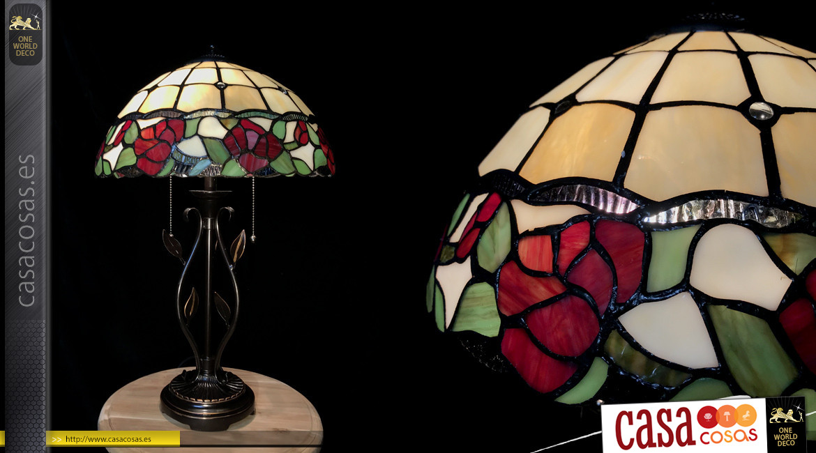 Lámpara de salón Tiffany, representación de un jardín de rosas con flores con base meticulosamente elaborada, Ø35cm